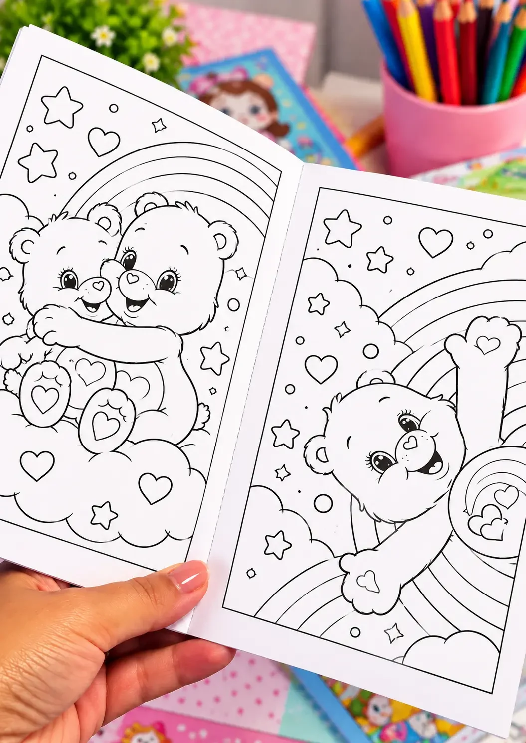 Livro aberto com desenhos de ursinhos para colorir